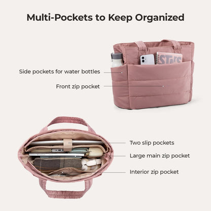 Pink quilted city tote with multiple pockets and water bottle side compartments