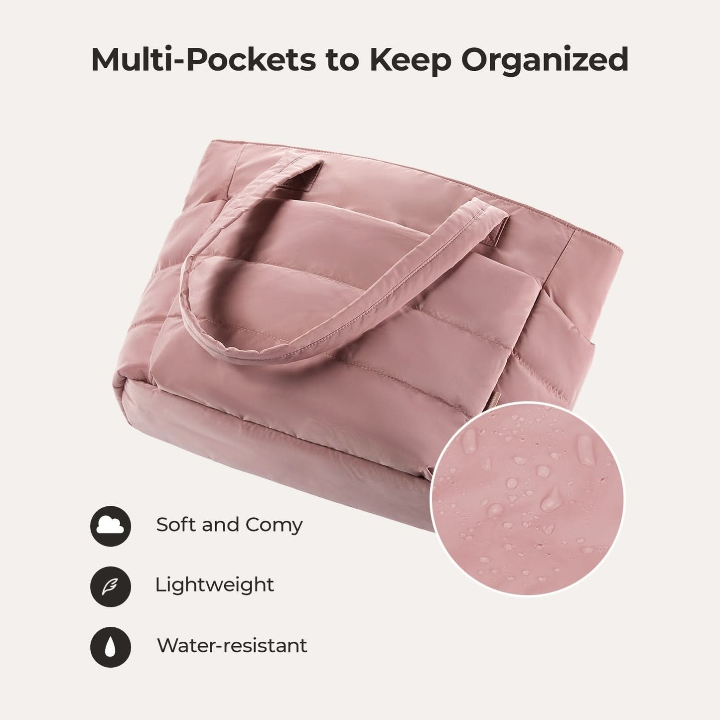 Pink puffed laptop tote with water-resistant quilted nylon and soft lining