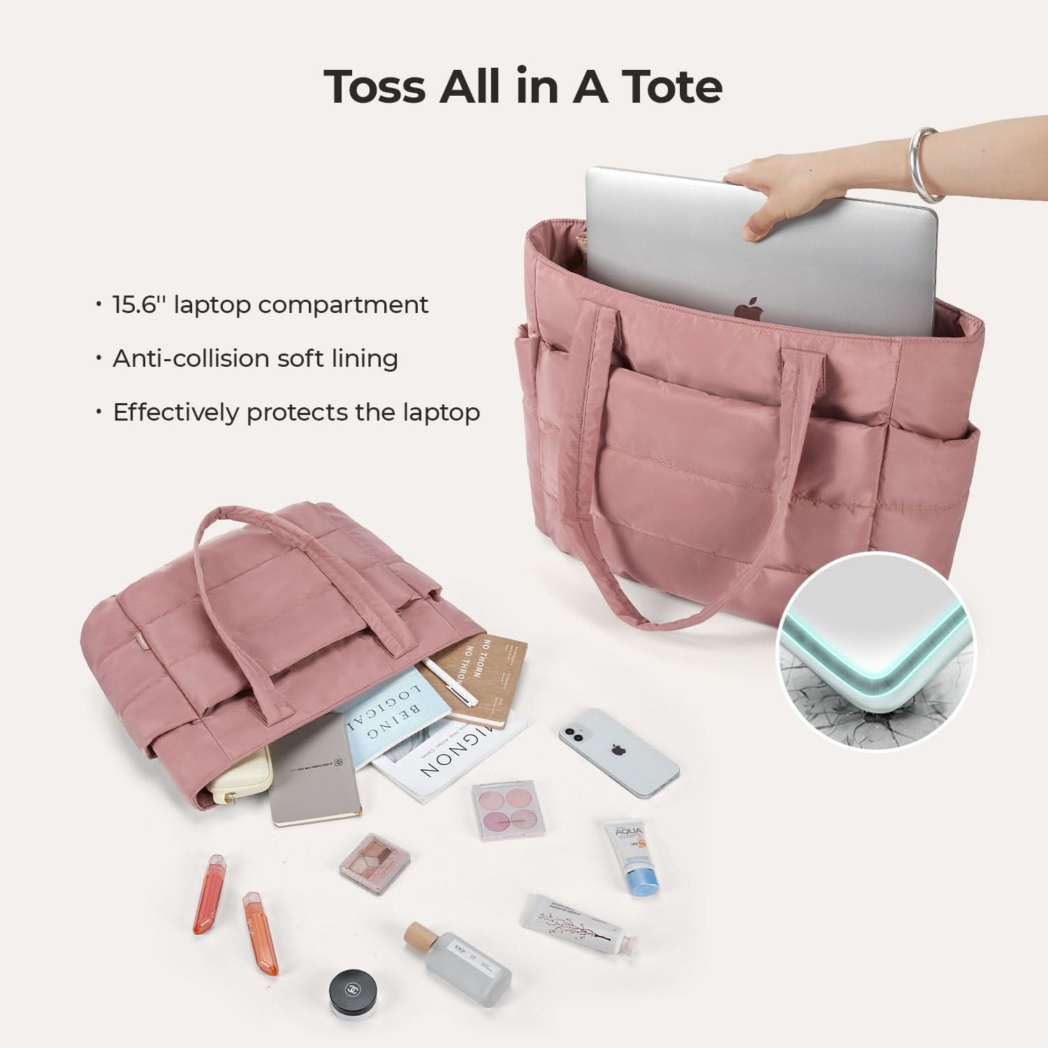 Pink padded tote bag holding 15.6 inch laptop with anti-collision soft lining