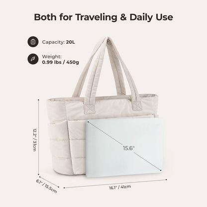 Cream puffed laptop tote with multiple pockets and lightweight quilted design