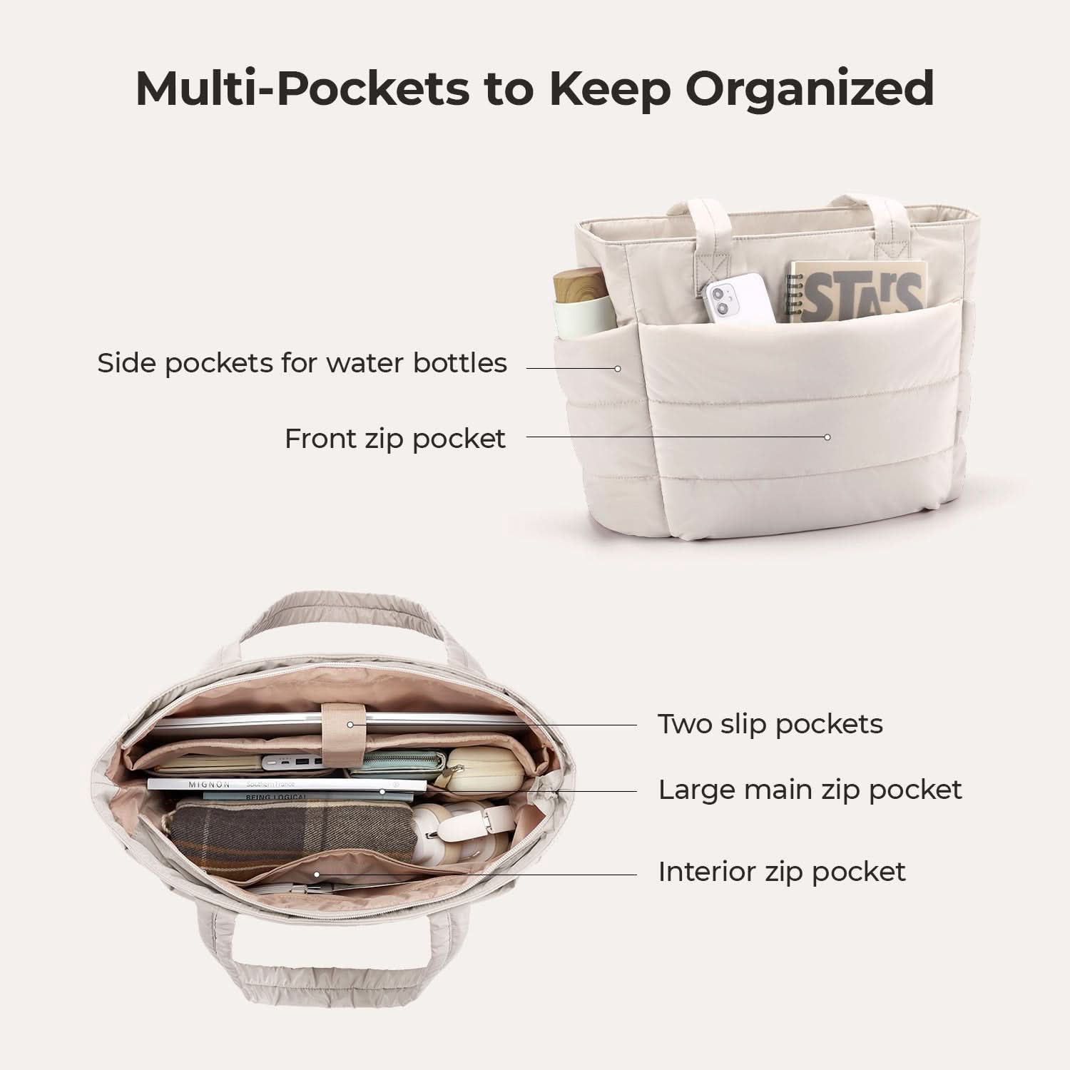Cream padded tote showing interior organization with slip pockets and zip compartments