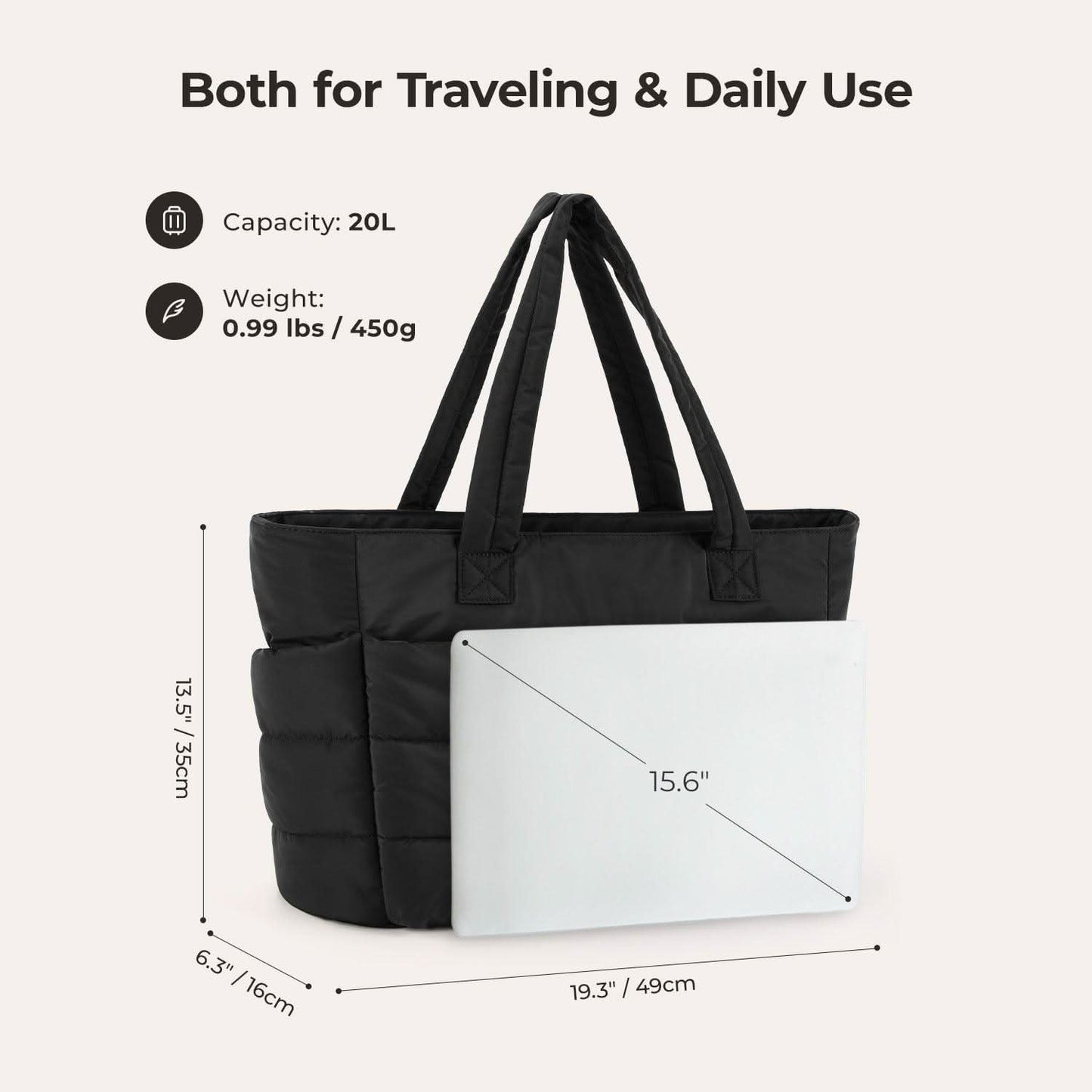 Black laptop tote with 20L capacity and 15.6 inch laptop compartment dimensions