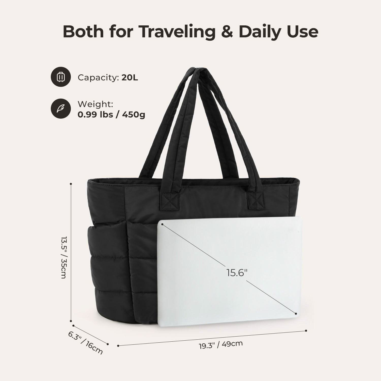 Black laptop tote with 20L capacity and 15.6 inch laptop compartment dimensions