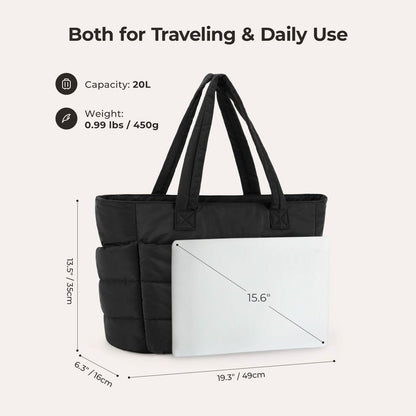 Black laptop tote with 20L capacity and 15.6 inch laptop compartment dimensions