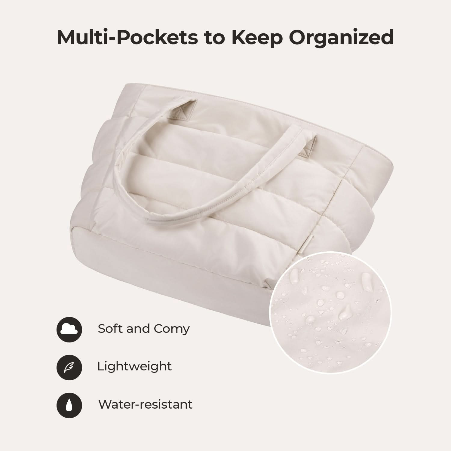 Close-up of cream quilted tote fabric with water-resistant coating and beading