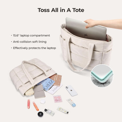 Cream quilted tote bag with laptop compartment holding 15.6 inch laptop and accessories