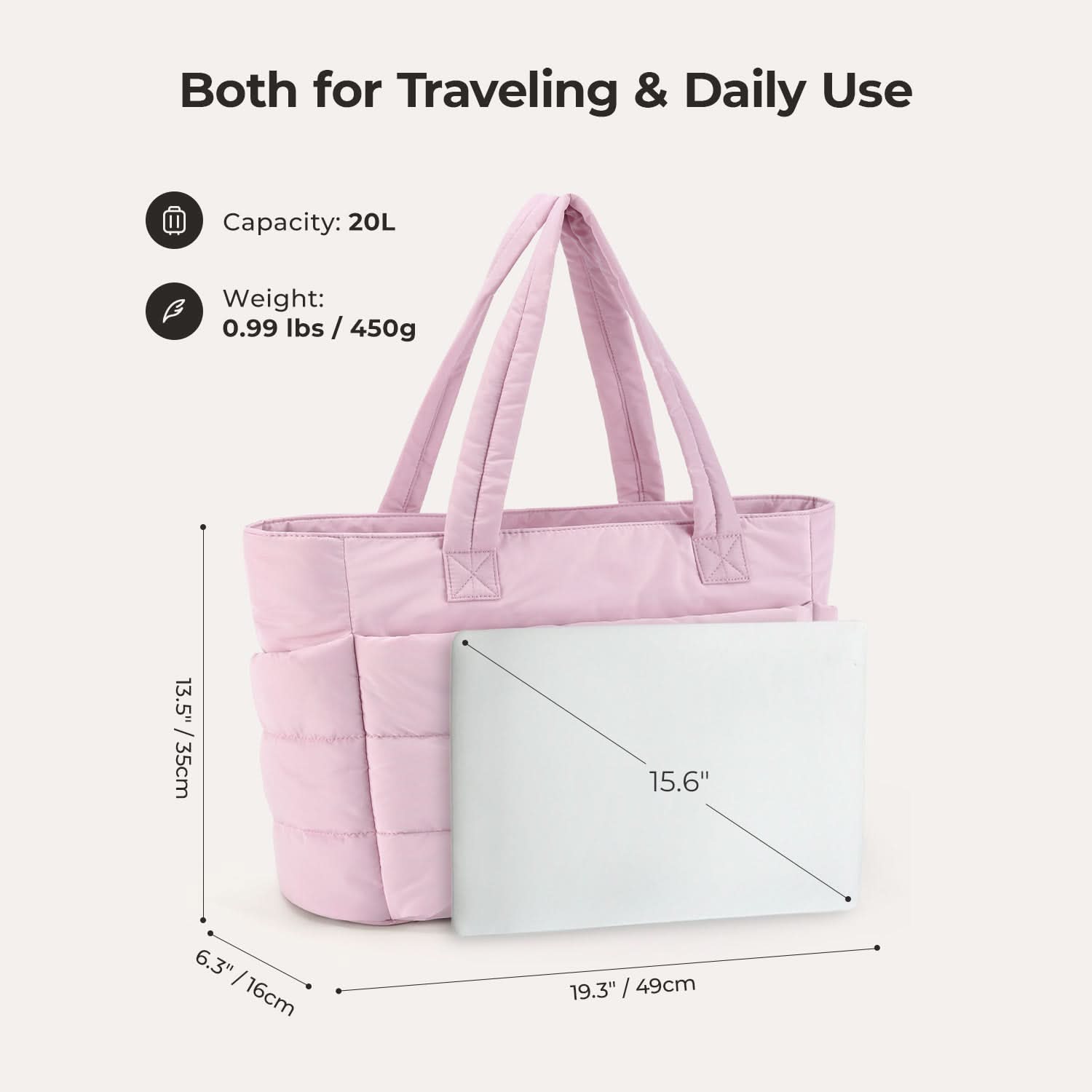 Pink quilted tote with 20L capacity dimensions shown with 15.6 inch laptop