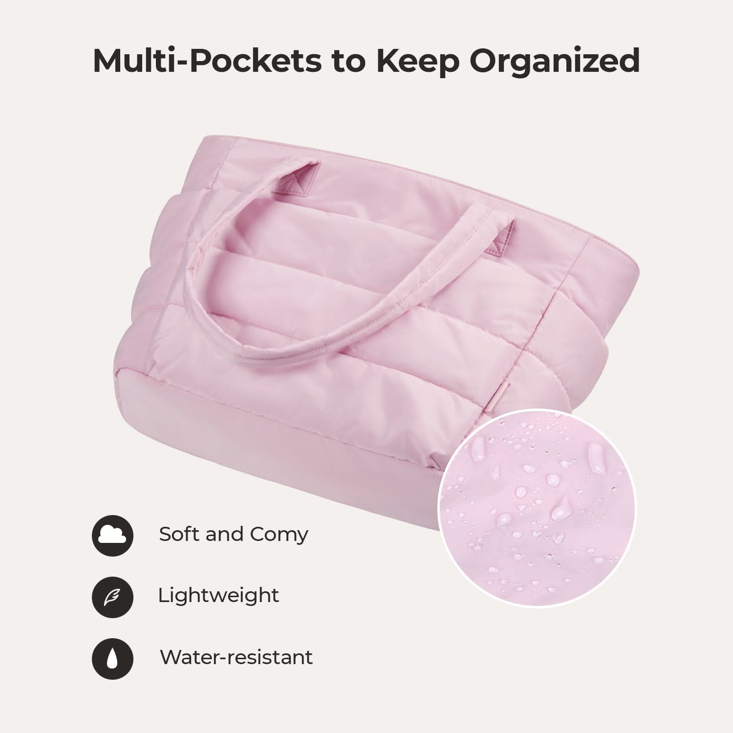 Pink padded tote with multiple compartments and water bottle side pockets