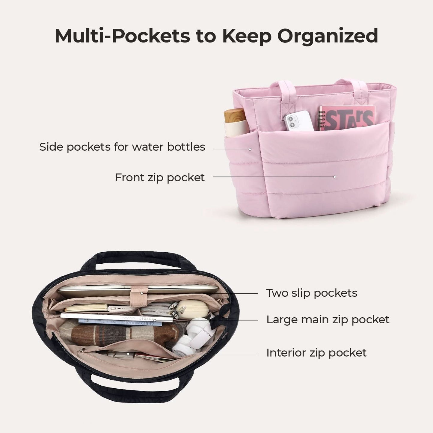 Pink city tote attached to luggage handle with pass-through strap detail