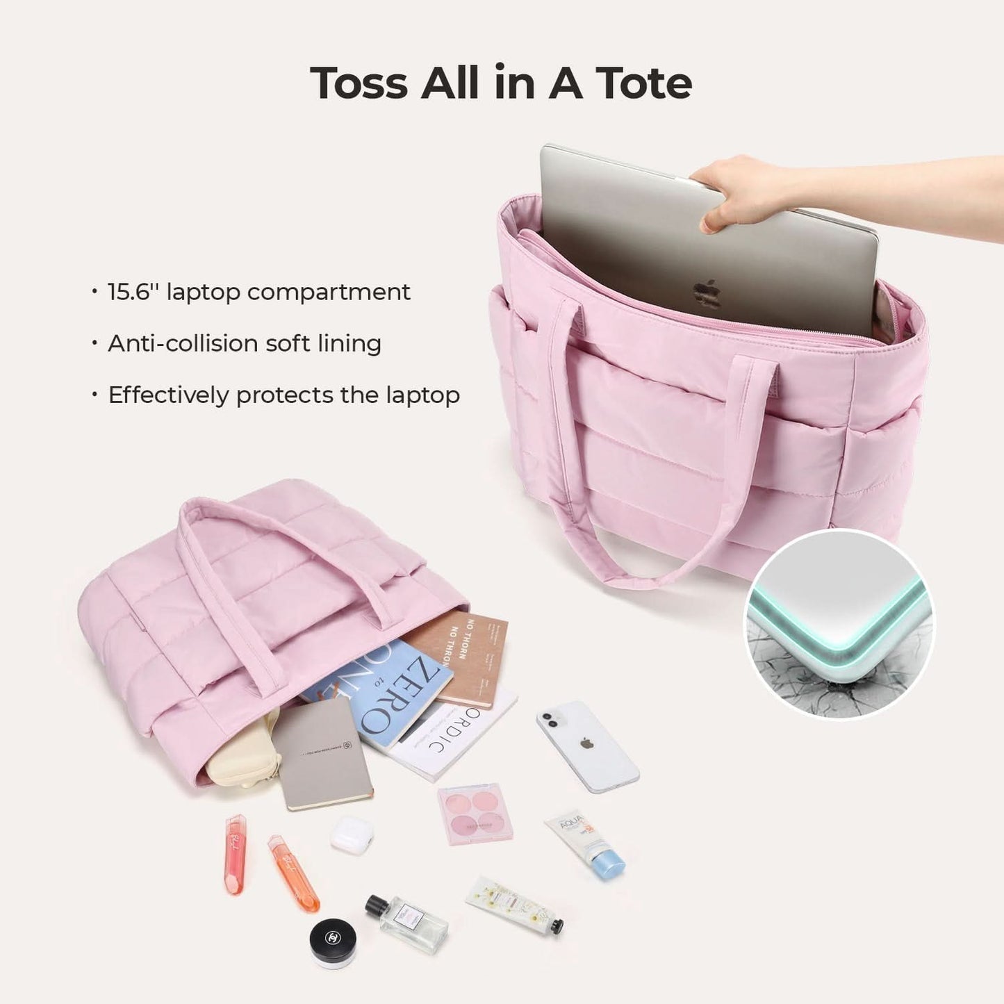 Pink quilted tote with open top showing laptop compartment and anti-collision lining