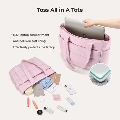 Pink quilted tote with open top showing laptop compartment and anti-collision lining