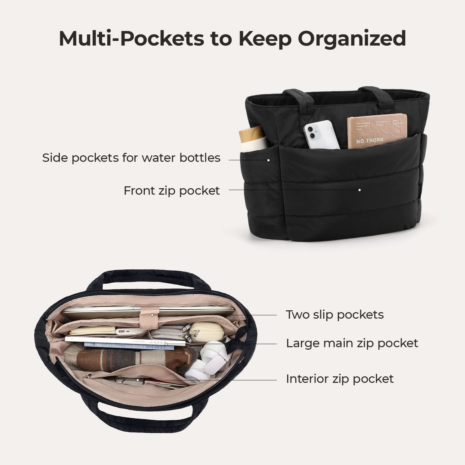 Black tote bag interior showing side pockets, front zip pocket, and slip pockets