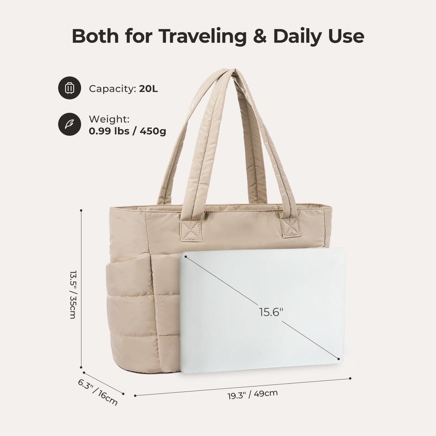 Beige padded tote with laptop compartment dimensions and capacity specs