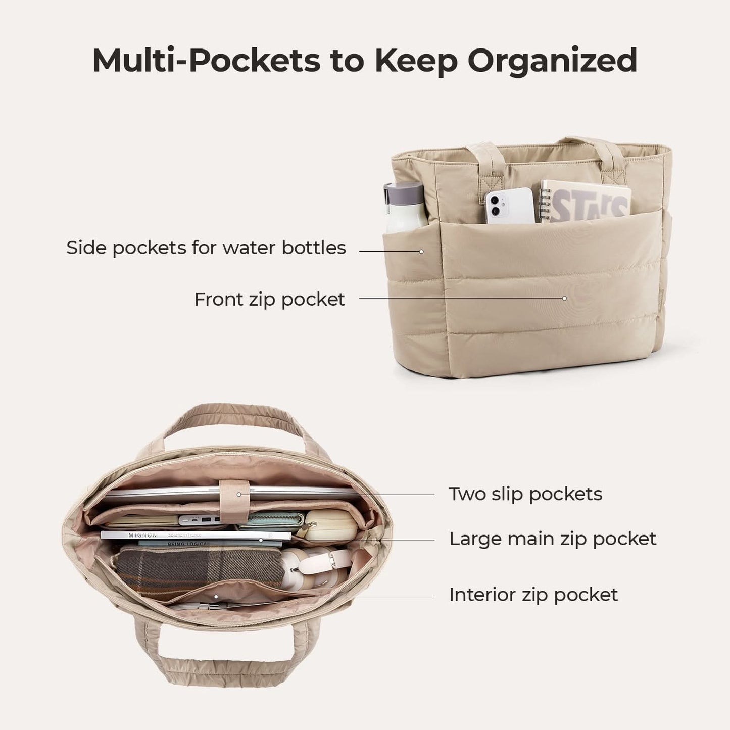 Beige city tote showing front zip pocket, side pockets, and interior organization
