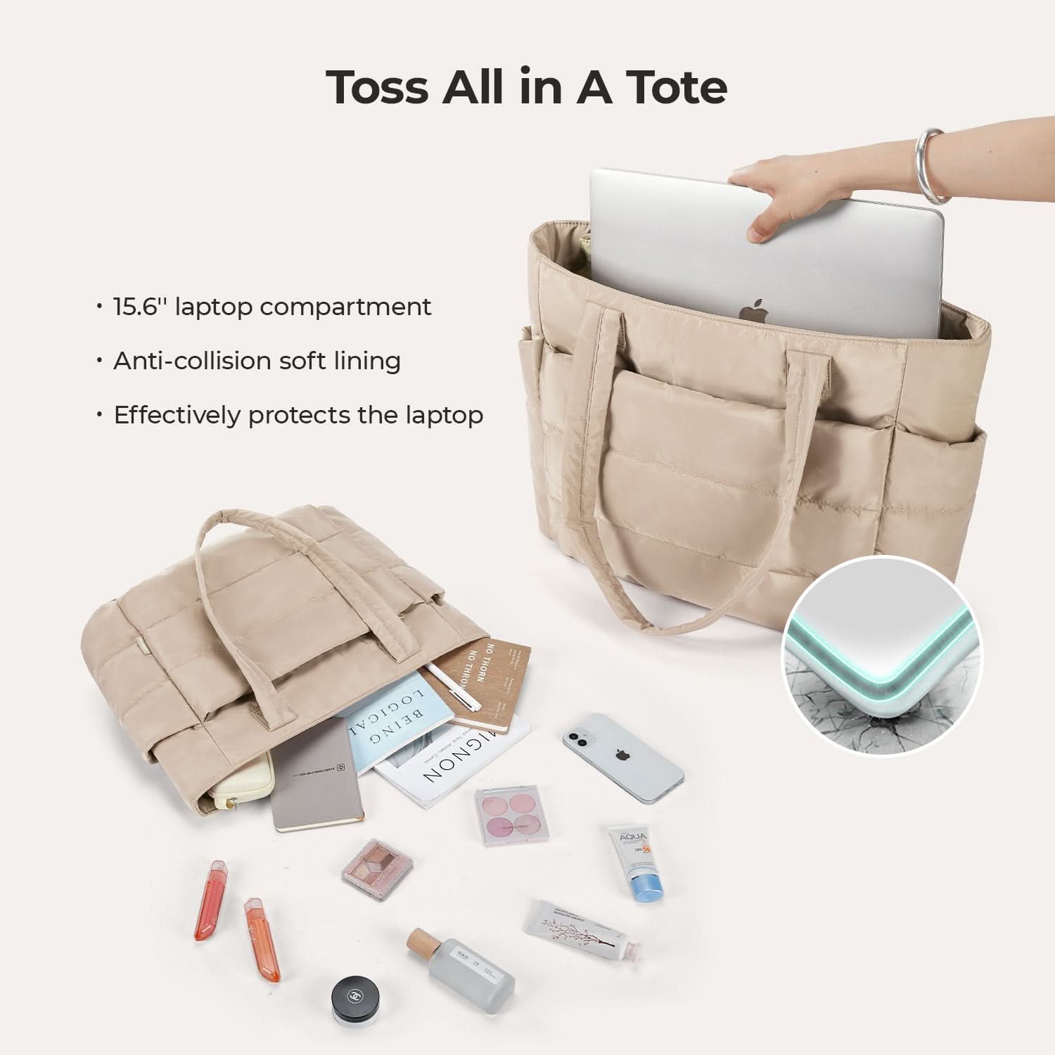Beige quilted tote holding laptop with anti-collision soft lining detail