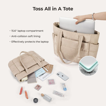 Beige quilted tote holding laptop with anti-collision soft lining detail