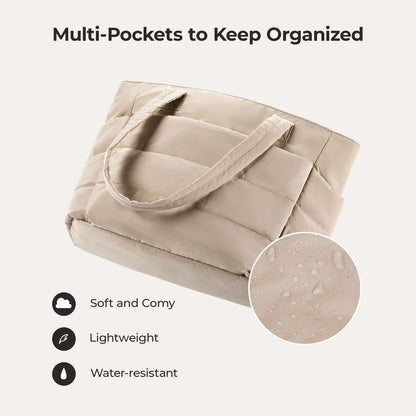 Beige padded tote with laptop sleeve attached to luggage handle