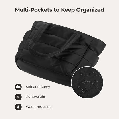 Black quilted tote with water-resistant fabric and lightweight soft construction