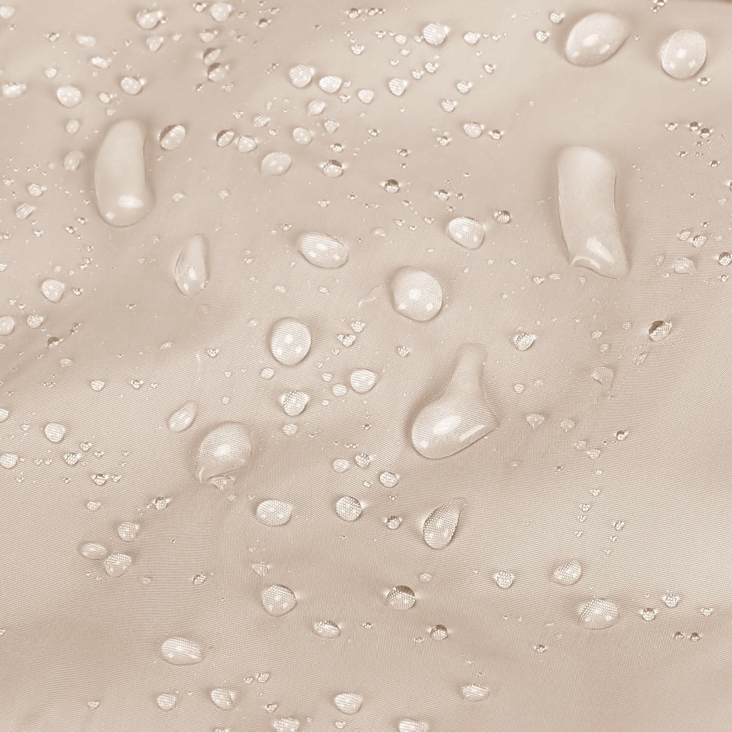 Beige water-resistant fabric with water droplets beading on surface