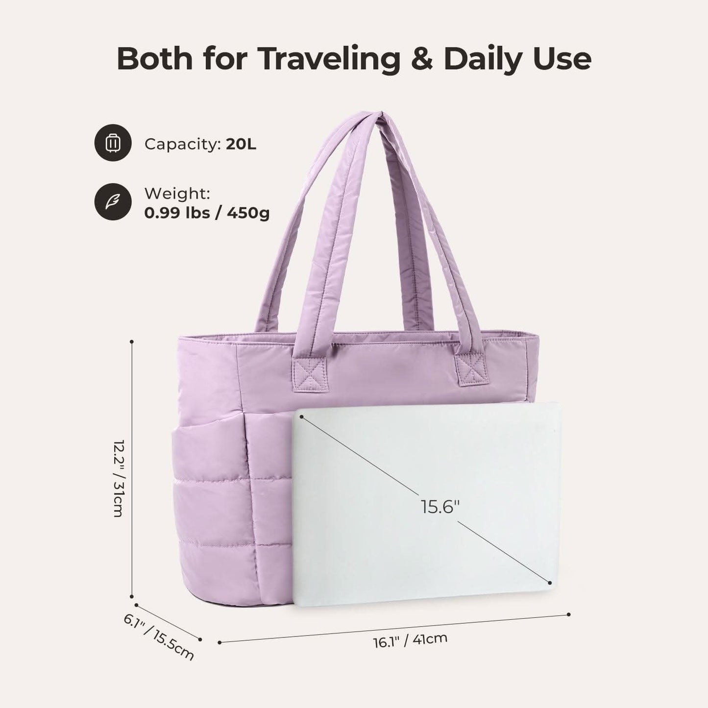 Lavender quilted tote with 15.6 inch laptop compartment and dimensions
