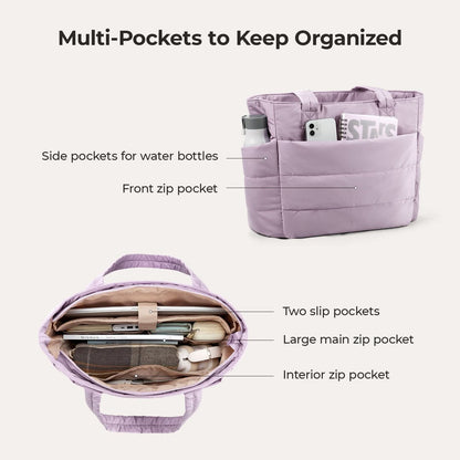 Lavender city tote showing side pockets, front zip pocket, and interior organization