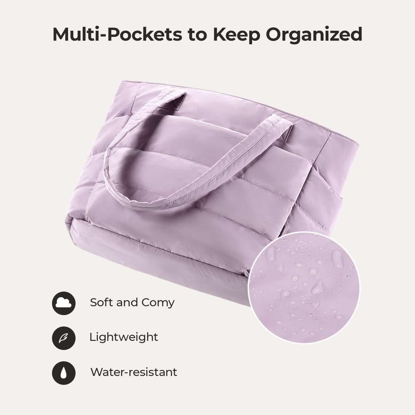 Lavender padded tote bag with water-resistant fabric and soft lining detail