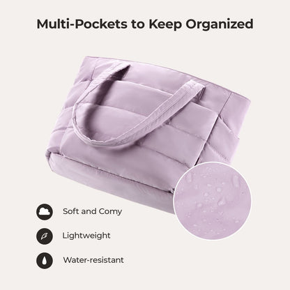 Lavender padded tote bag with water-resistant fabric and soft lining detail