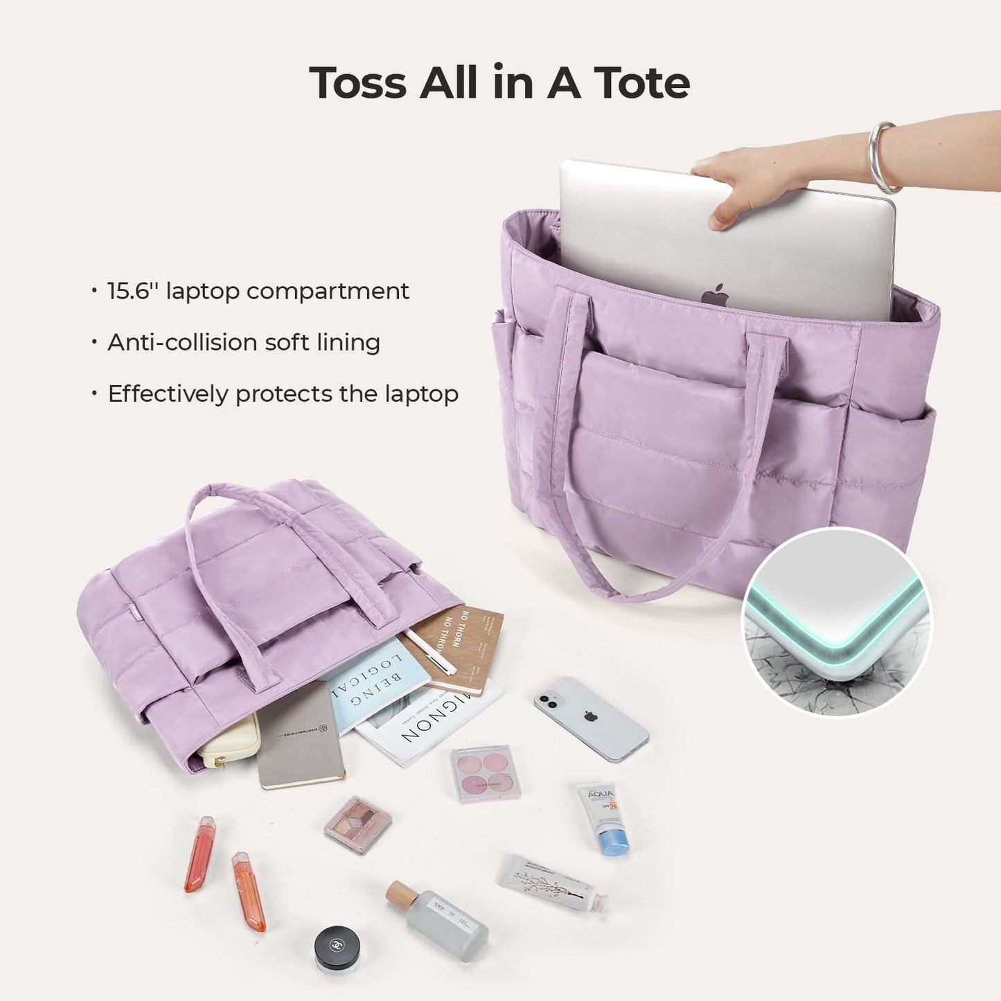 Lavender laptop tote holding 15.6 inch computer with anti-collision soft lining