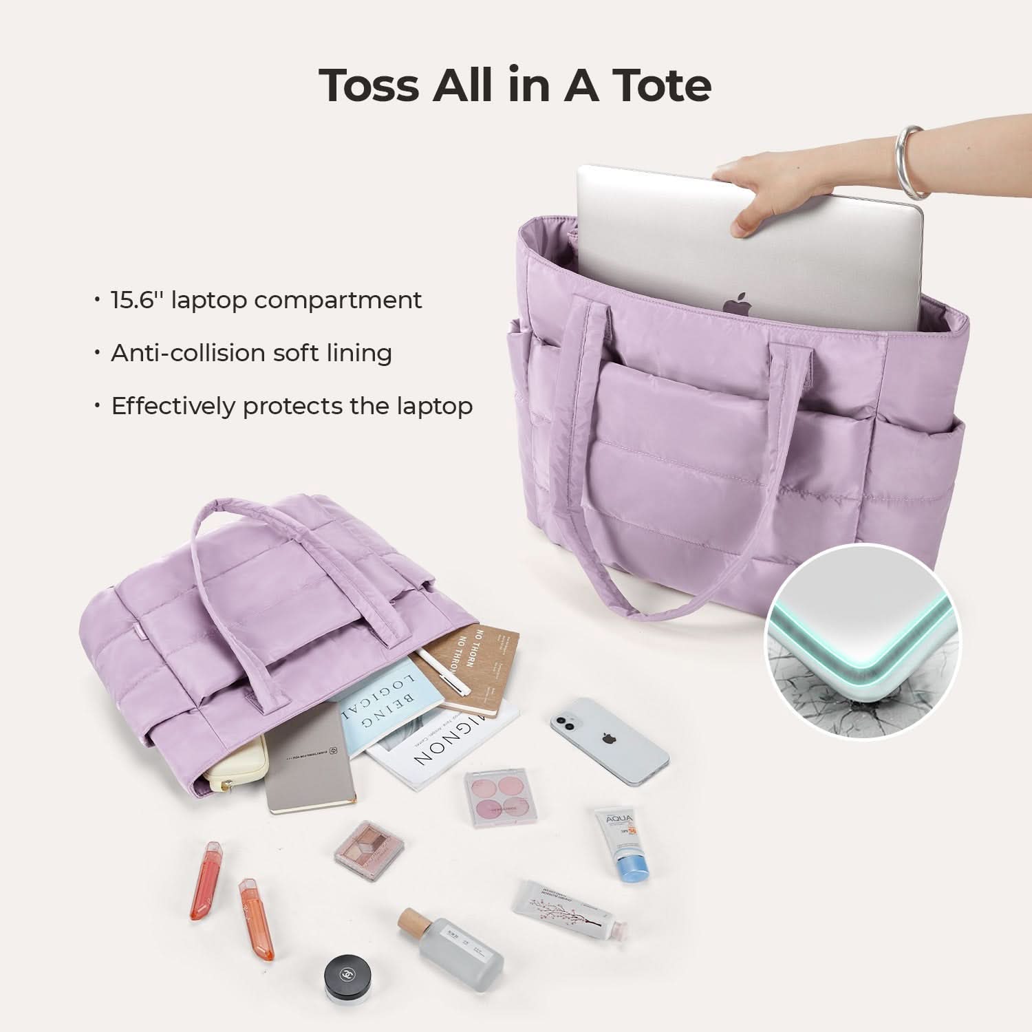 Lavender laptop tote holding 15.6 inch computer with anti-collision soft lining