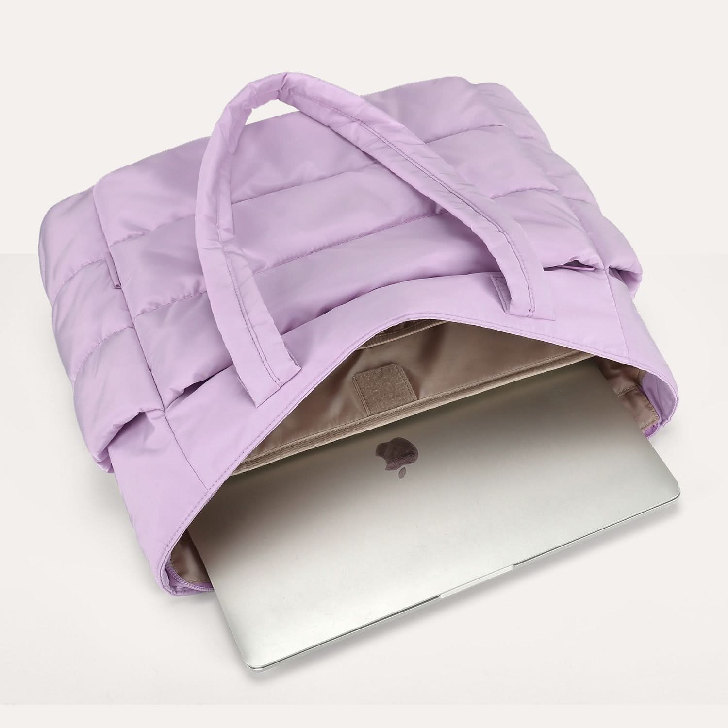 Lavender padded tote with laptop compartment and anti-collision protective lining