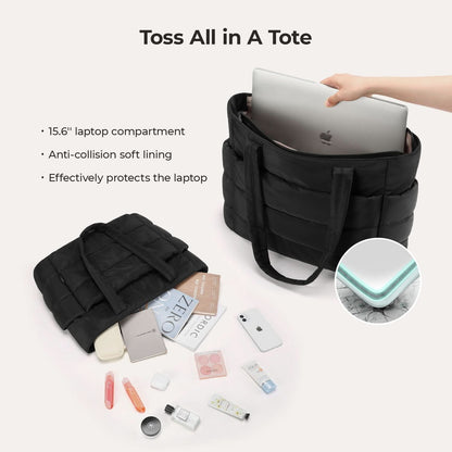 Black padded tote with 15.6 inch laptop compartment and anti-collision soft lining