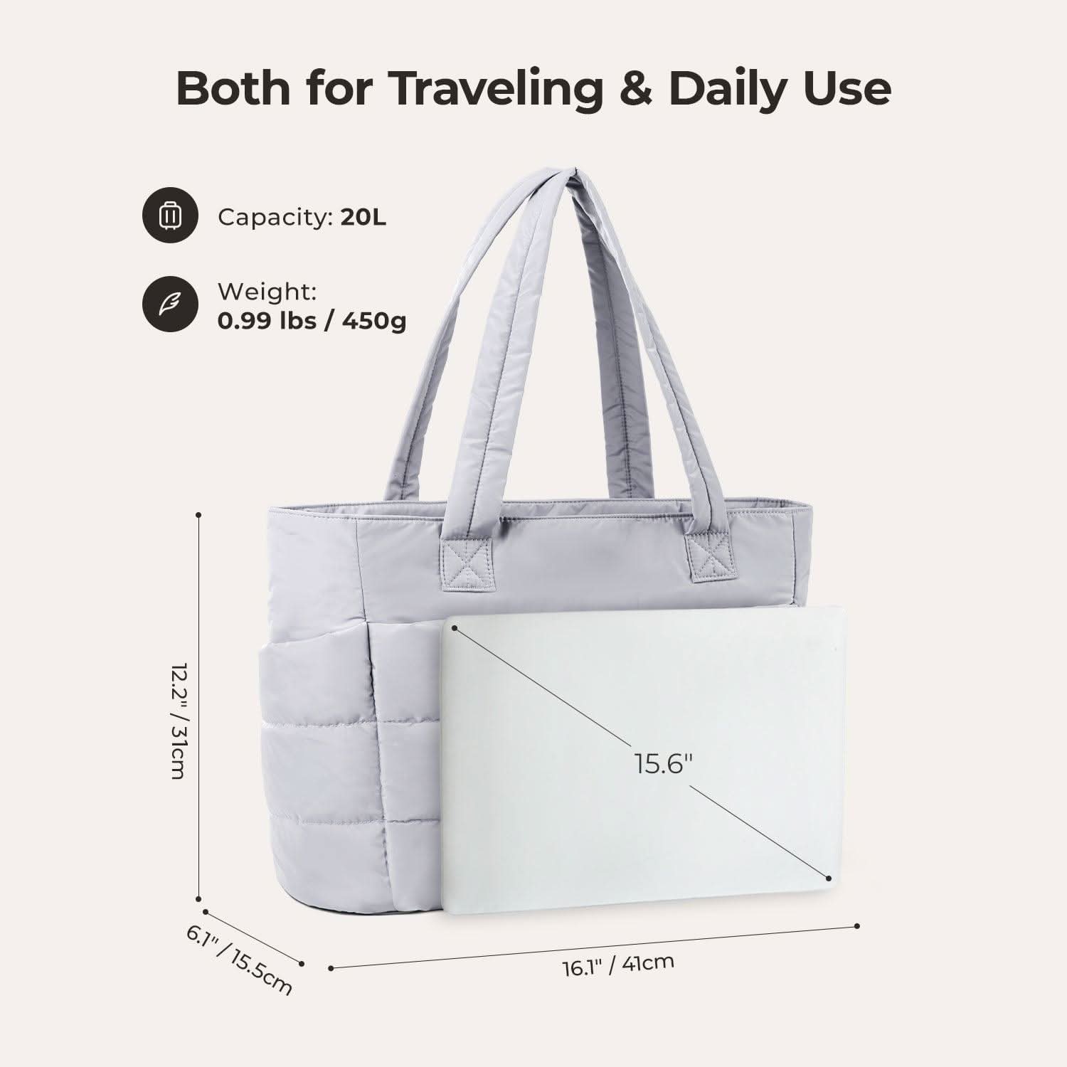 Light gray quilted tote with 15.6 inch laptop compartment and capacity specs
