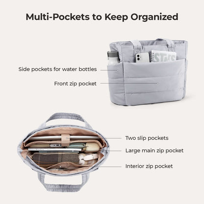 Light gray quilted tote with side pockets and front zip pocket for organization