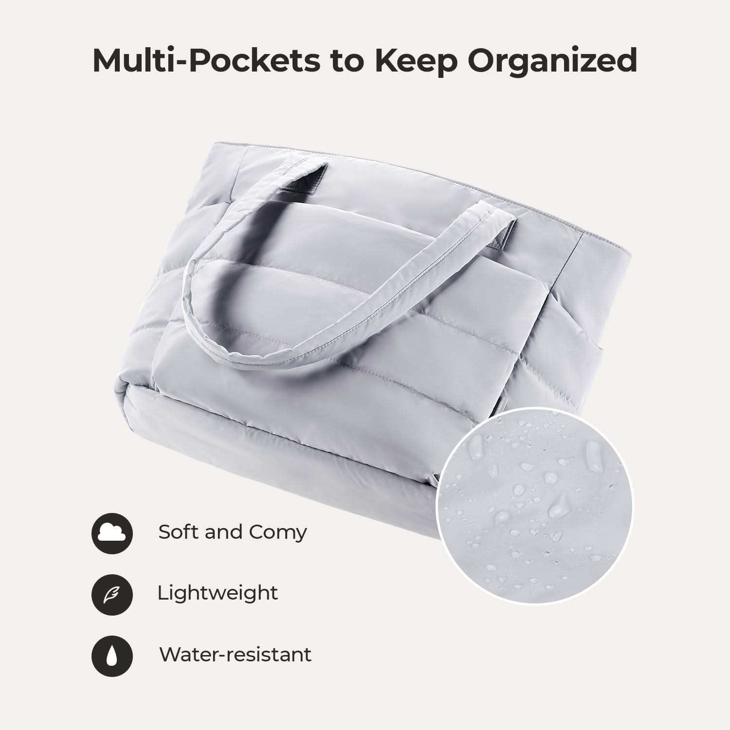 Light gray padded tote bag with water-resistant material and soft lining