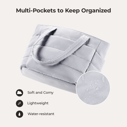 Light gray padded tote bag with water-resistant material and soft lining