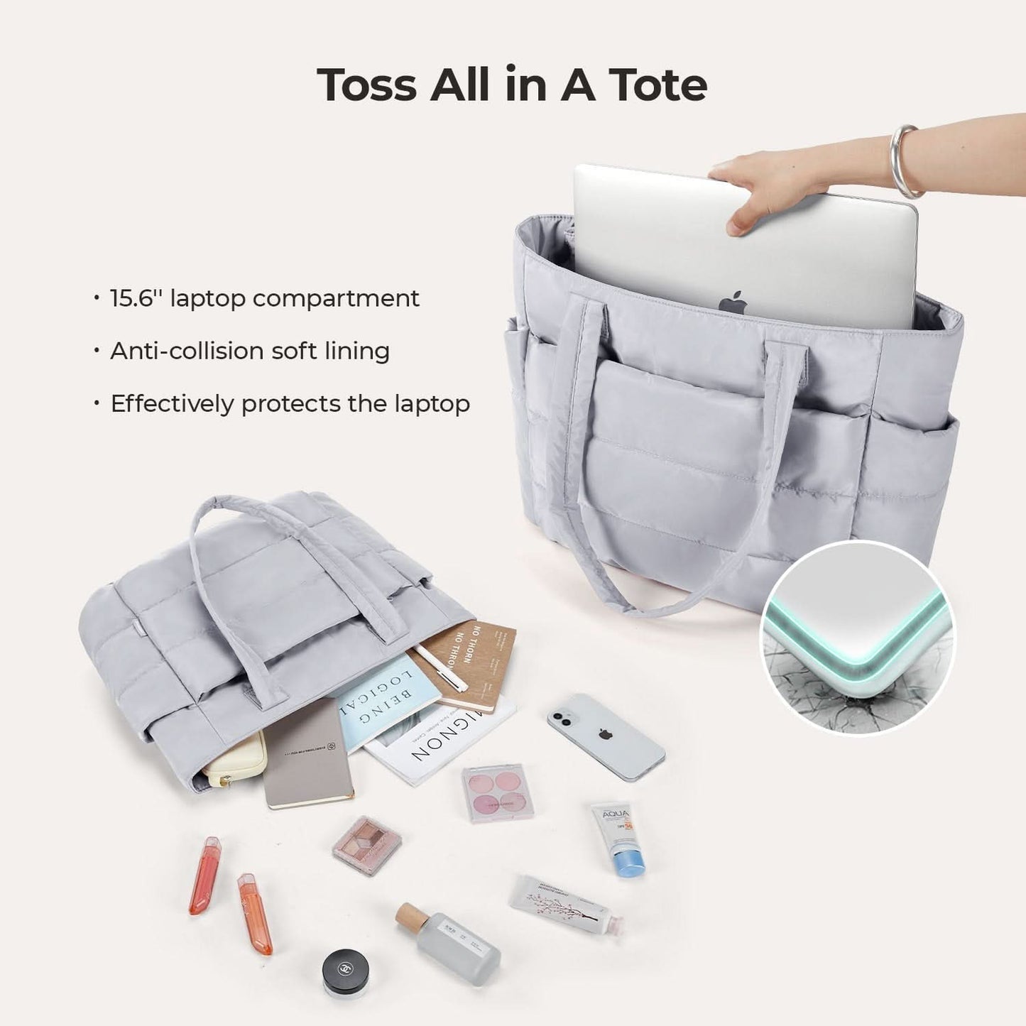 Light gray laptop tote with 15.6 inch compartment and multiple interior pockets