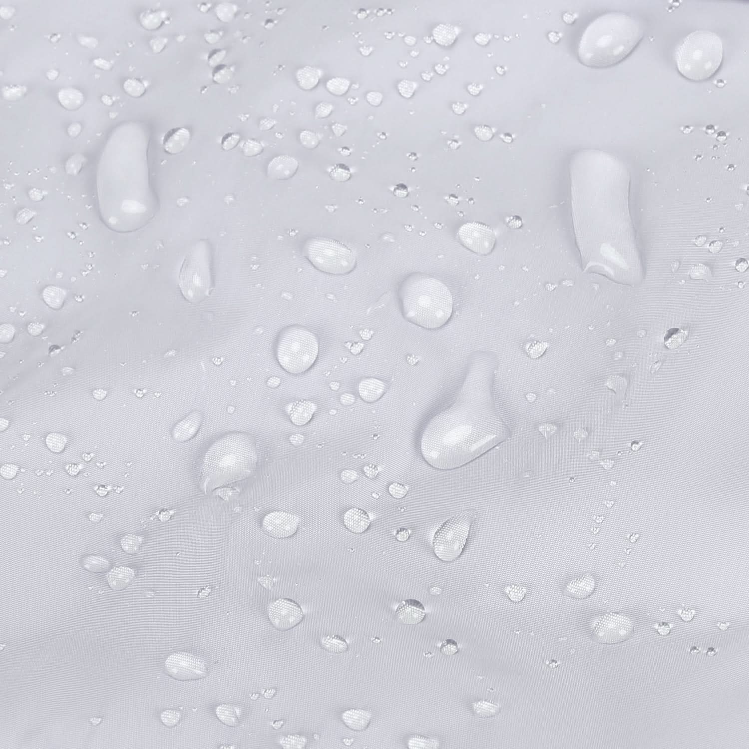 Light gray quilted fabric with water droplets showing water-resistant finish