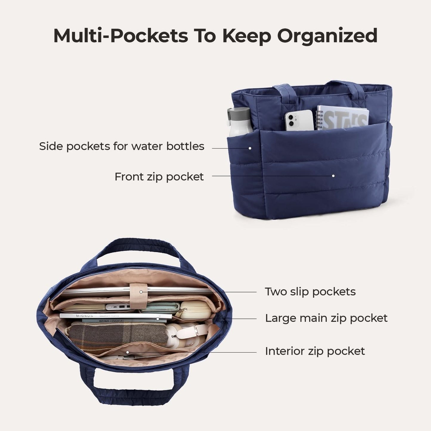 Navy blue quilted tote with side pockets and front zip pocket for organization