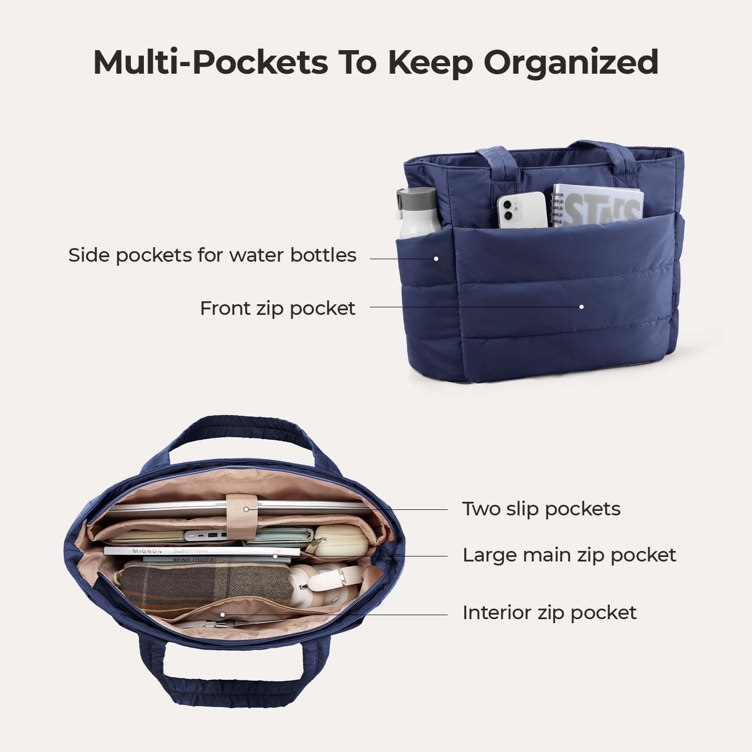 Navy blue quilted tote with side pockets and front zip pocket for organization