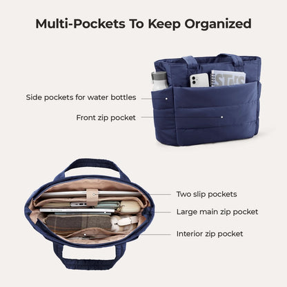 Navy blue quilted tote with side pockets and front zip pocket for organization