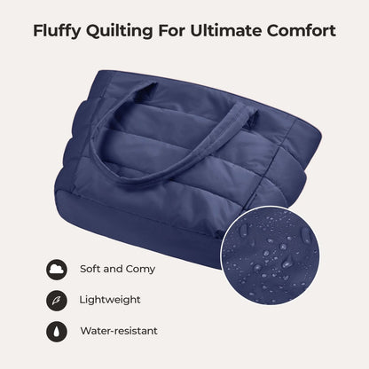 Navy quilted tote with fluffy padding and dual handles