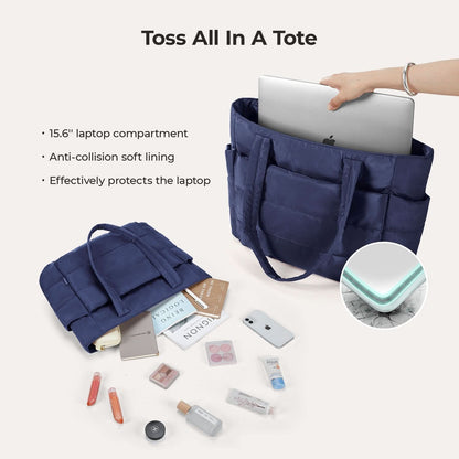 Navy city tote holding 15.6 inch laptop with anti-collision lining