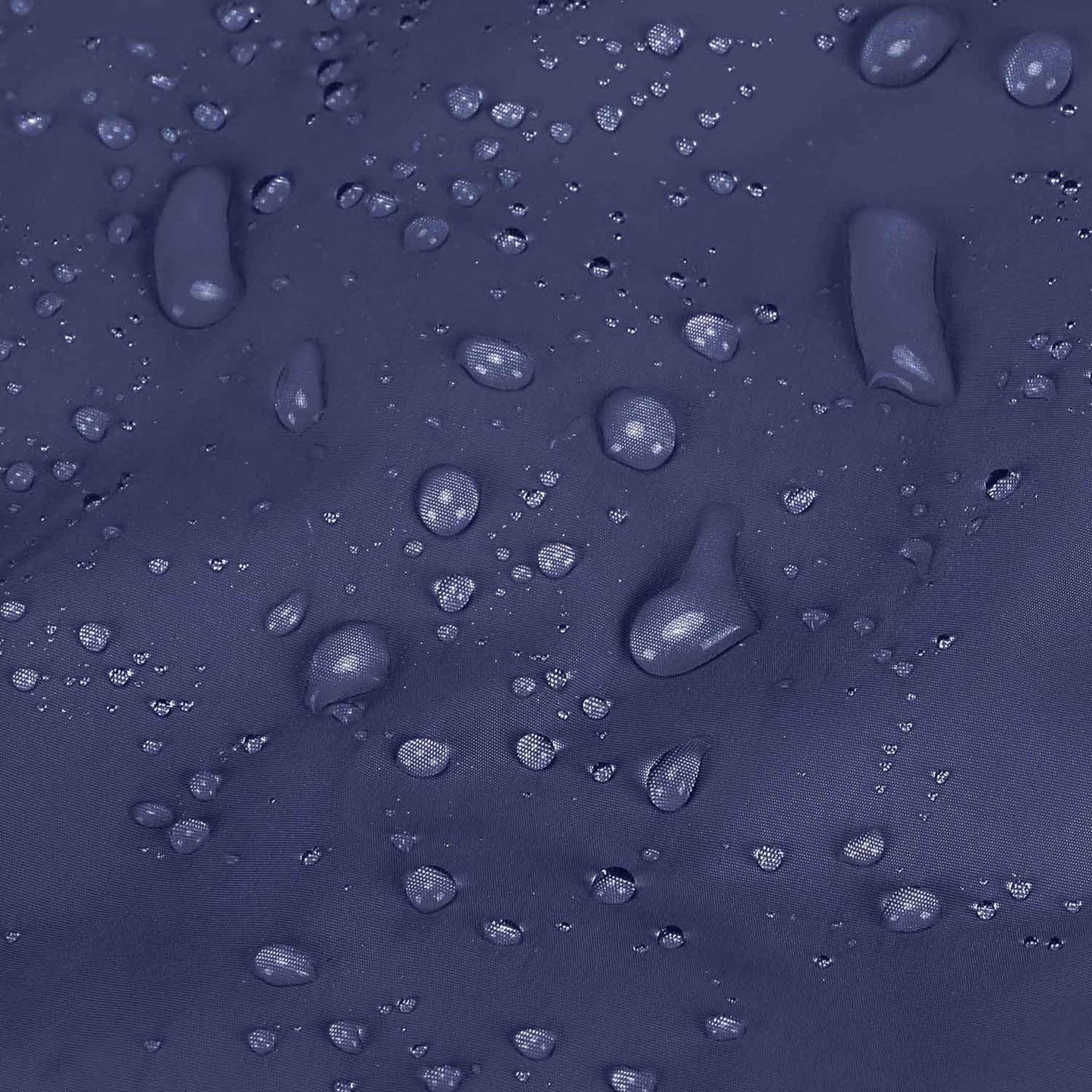 Water-resistant navy fabric with beaded water droplets detail