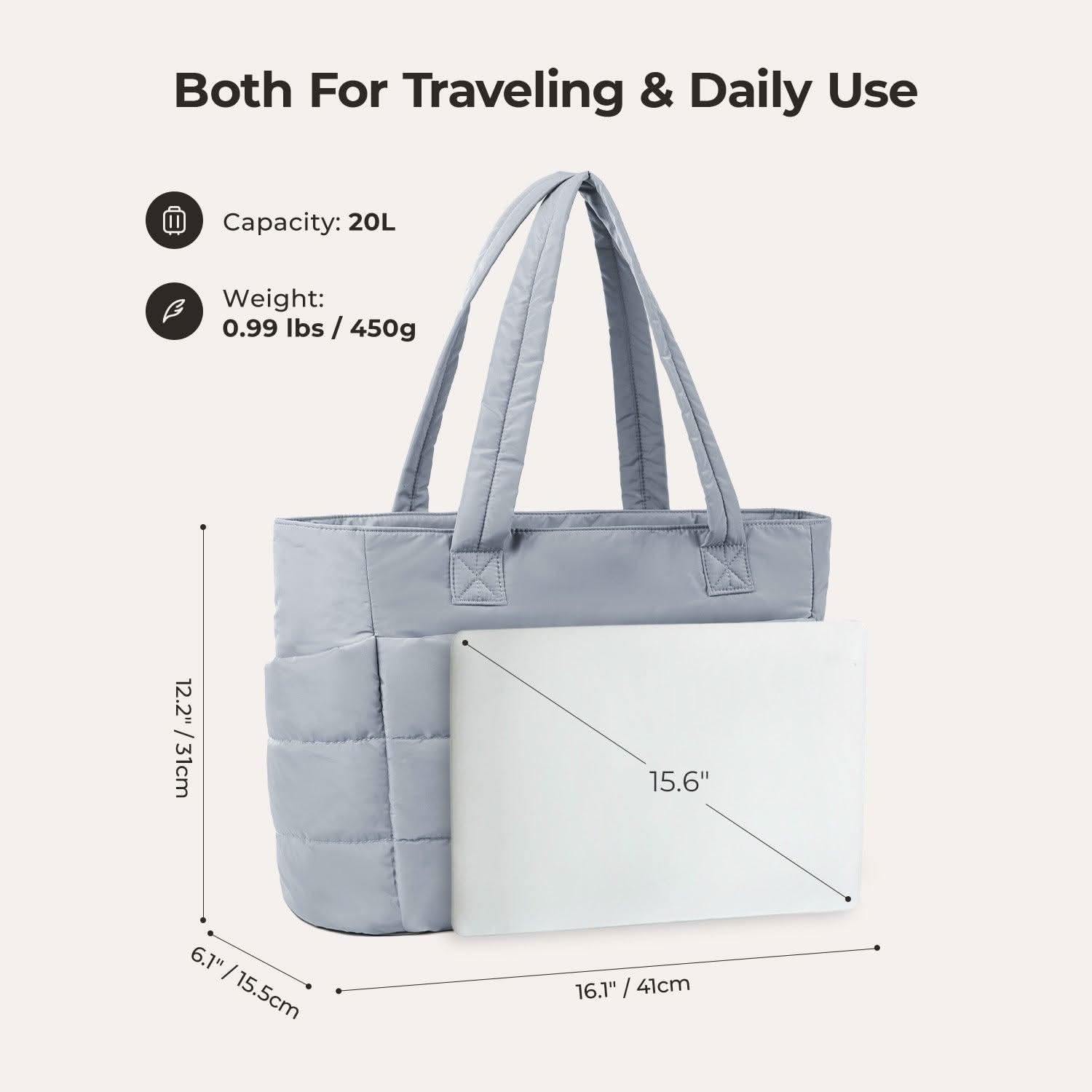 Light blue quilted tote with dimensions and 20L capacity specs