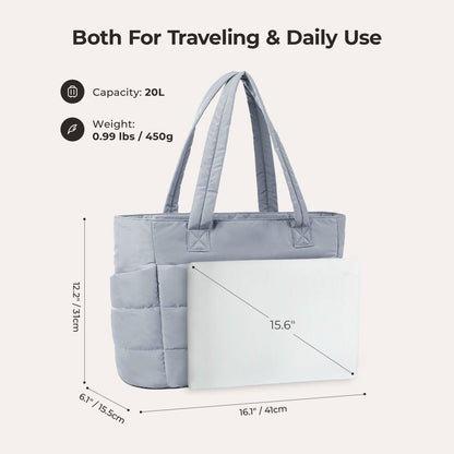 Light blue quilted tote with dimensions and 20L capacity specs