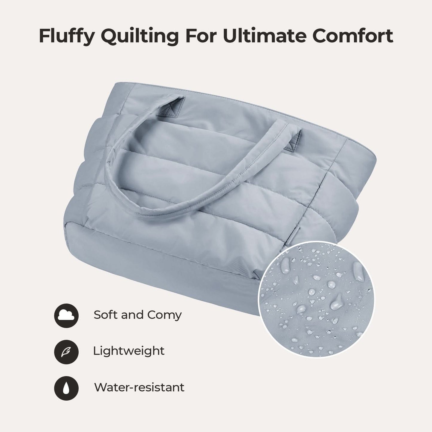 Light blue quilted tote with water-resistant padding and handles