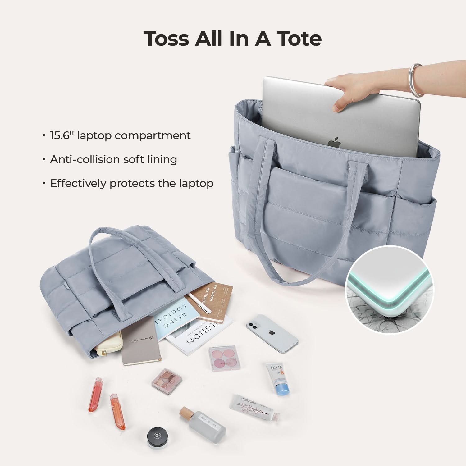 Light blue tote interior with slip pockets and main zip compartment