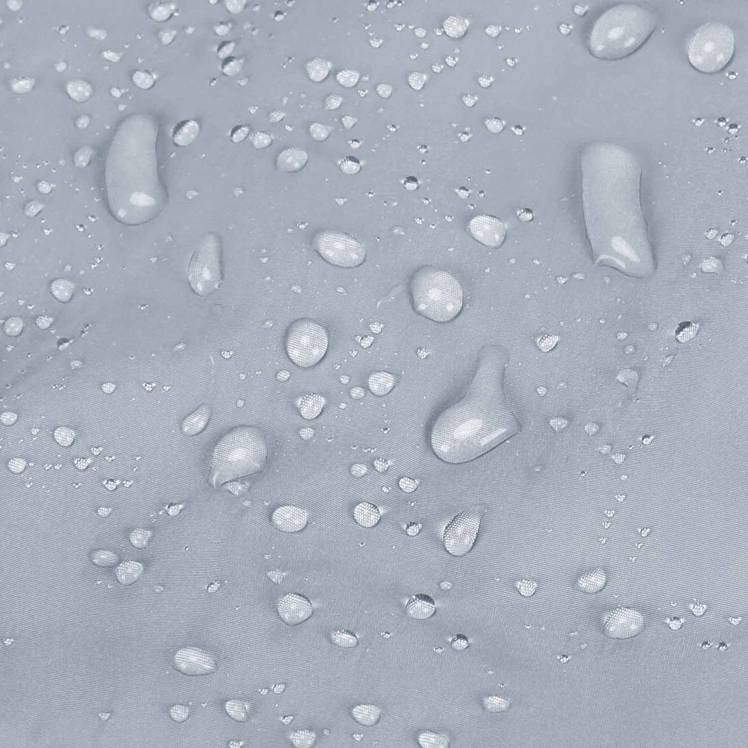 Light blue quilted fabric with water-resistant coating and droplets