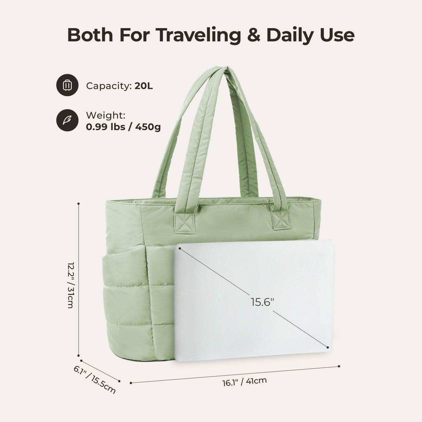 Light green city tote with dimensions showing 15.6 inch laptop capacity