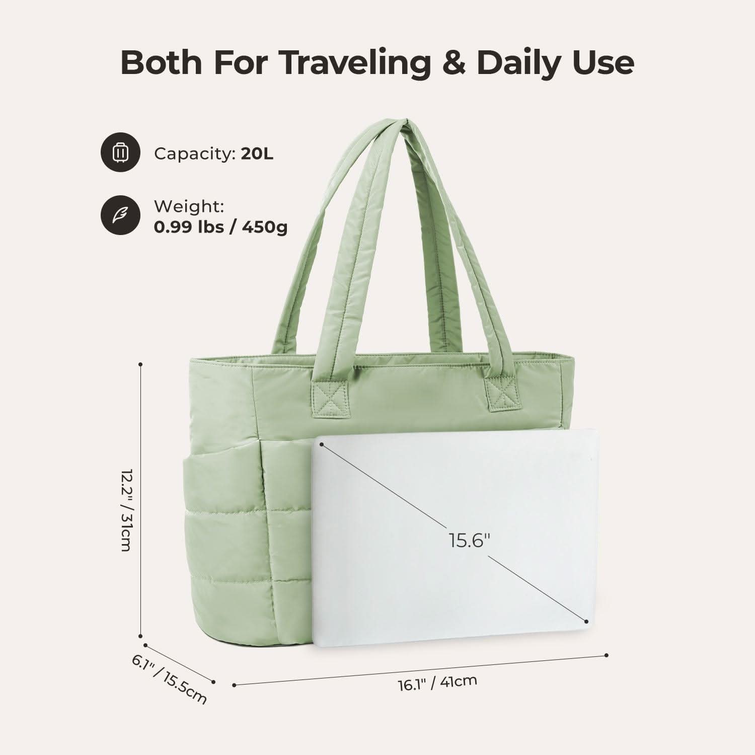 Light green city tote with dimensions showing 15.6 inch laptop capacity